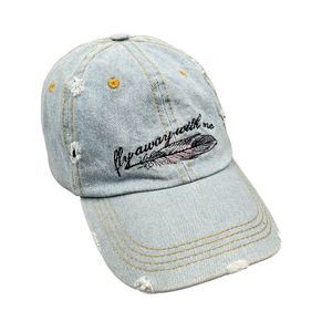 FLY AWAY WITH ME Womens Hat Baseball Ball Cap ADJUSTABLE Distressed Denim